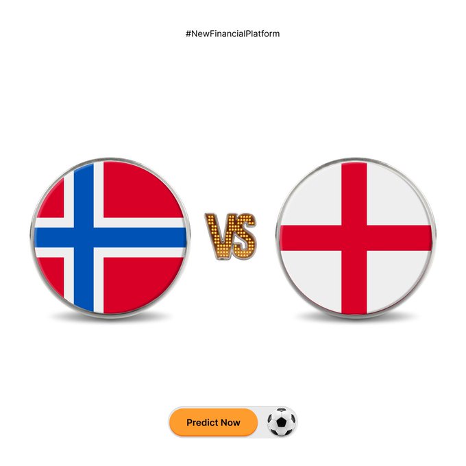 The image displays the flags of Norway and England facing each other with a "VS" graphic, promoting a prediction contest for the football match as announced in the accompanying post, where users can win MNT rewards.