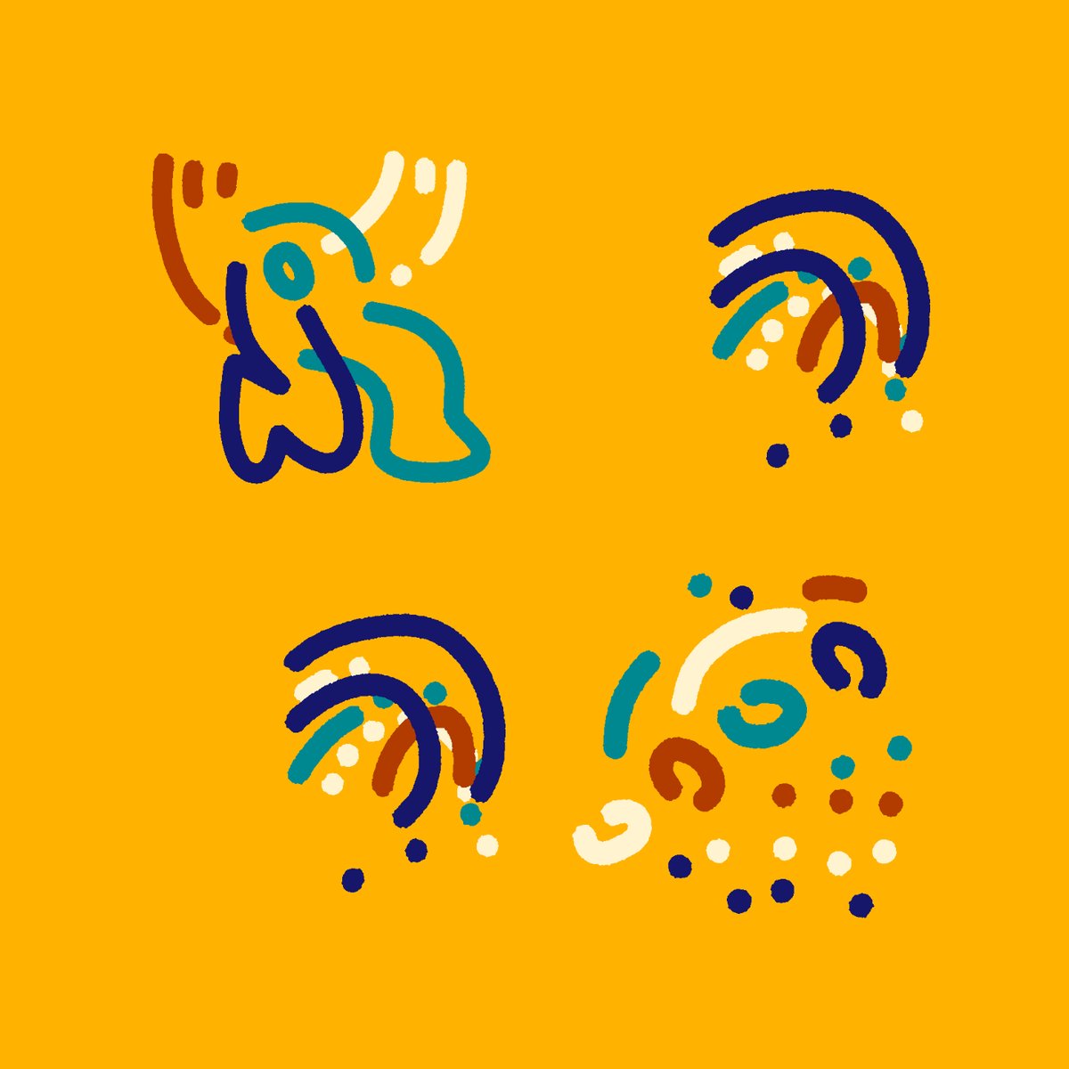 The image features a yellow background with four different types of lines, each representing a different animal or object. These lines are arranged in a square formation, creating an interesting visual effect against the bright yellow backdrop. The first line depicts a bird flying through the air, followed by a fish swimming downwards and another bird flying upwards. The last two lines represent a wave crashing onto the shore and a person riding a surfboard on top of it. The image is accompanied by a caption that reads "GLiF Morning! Riding the wave into the weekend".