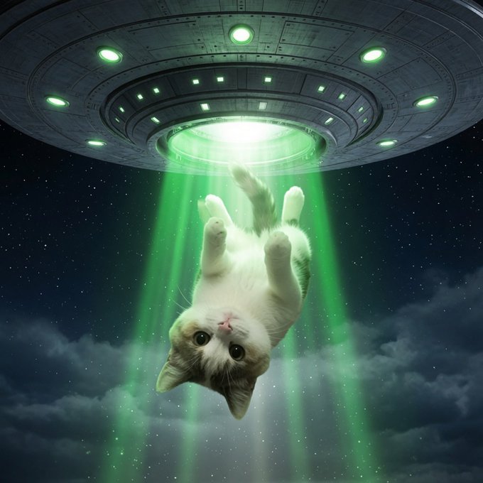 The image features a cat with white fur and brown spots, floating upside down in space while being bombarded by green lights from an alien spaceship. The caption of the image reads "Beam me up! UpSide Down Cat will be the super cycle sendor".