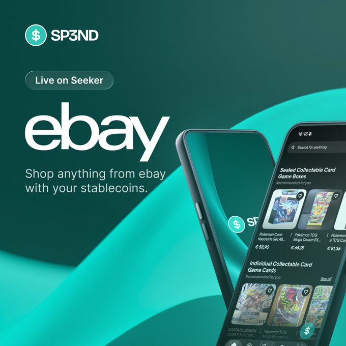 A promotional graphic for 'SP3ND' on the 'Seeker' platform, showing two smartphones displaying the eBay app and the text 'Shop anything from ebay with your stablecoins.'