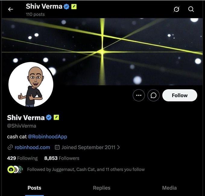 A screenshot of X (Twitter) profile for Shiv Verma (@ShivVerma), whose bio displays "cash cat @RobinhoodApp" along with "robinhood.com" and "Joined September 2011." The account has 8,853 followers and a cartoon avatar, while the banner features yellow laser-like beams against a starry background. This supports the post's claim that a Robinhood executive has added the $CASHCAT memecoin ticker to their profile, fueling speculation about a potential listing.