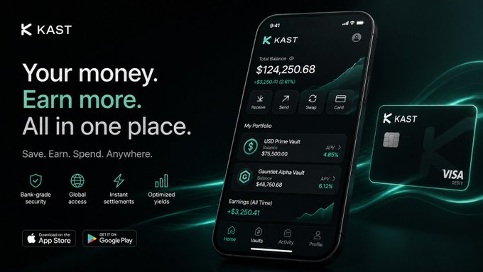 The image features a cell phone displaying a Kast app that allows users to invest in stablecoins like USDC and USDT. The app provides information about these coins and their usage within the Kast platform. The text on the screen reads "Your money. Earn more. All in one place." This suggests that the user can manage their investments, earnings, and balances through a single application.