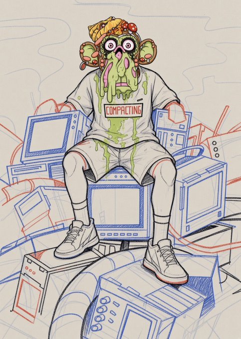 A bizarre, cartoonish figure with a melting green face, bulging eyes, and puke dripping down its chest sits atop a chaotic pile of old CRT monitors and electronics, wearing a shirt that reads "COMPACTING." The post jokingly suggests using an NFT drop as an exclusive reward for subscribers, while the unsettling image—surrounded by outdated tech—mocks the absurdity of launching yet another digital collectible into a cluttered "compacted" space.