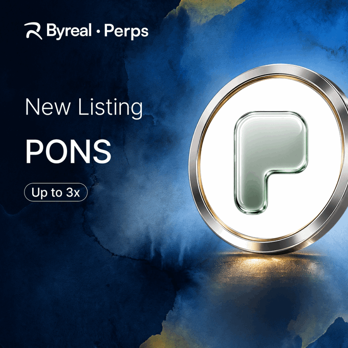A promotional graphic for Byreal Perps announcing the new listing of $PONS with up to 3x leverage, featuring a sleek 3D-rendered "P" logo against a moody blue watercolor background, reinforcing the post's announcement of PONS perpetual futures trading.
