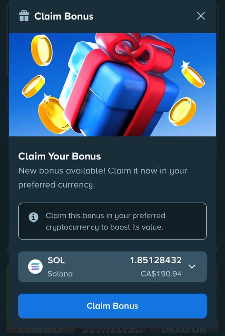 A "Claim Bonus" pop-up window offers 1.85128432 SOL (CA$190.94) in a Solana cryptocurrency reward, matching the post's $CAD value and SOL request.