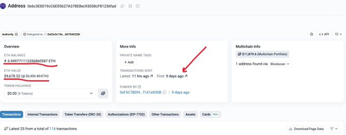 A screenshot of the Etherscan address page for 0x6c3E0019cC6E05627A378E8ec93038cF81236fad shows an ETH balance of 3.56977112336860587 ETH ($9,678.52) with a red arrow highlighting that the first transaction occurred just 9 days ago, while also noting "116 transactions" and 87 token transfers, illustrating a wallet that received $763 and rapidly sold tokens 87 times to accumulate $566,600 within its first nine days of activity.