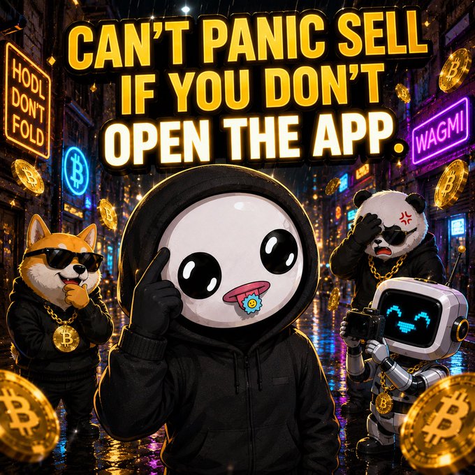 The image features a cartoon character wearing a hoodie, standing in front of a neon sign that reads "Can't panic sell if you don't open the app." The character has a large smile on their face and appears to be holding up a coin. There are other characters in the background who also have coins around them.