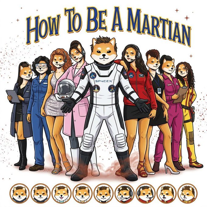 An illustration titled 'HOW TO BE A MARTIAN' featuring a group of characters with Shiba Inu dog heads wearing various professional outfits, including a central figure in a SpaceX spacesuit, with a row of dog face icons at the bottom.
