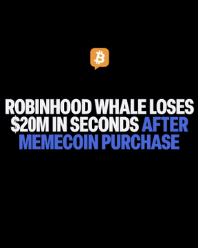 The image features text on a black background reading "ROBINHOOD WHALE LOSES $20M IN SECONDS AFTER MEMECOIN PURCHASE," accompanied by an orange chat bubble with a Bitcoin "B" logo. The graphic visually represents the breaking news story about a trader who reportedly lost $19.8M after accidentally purchasing $20M of "Artificial Inu" memecoin at $24.4385 per token on Robinhood Chain.