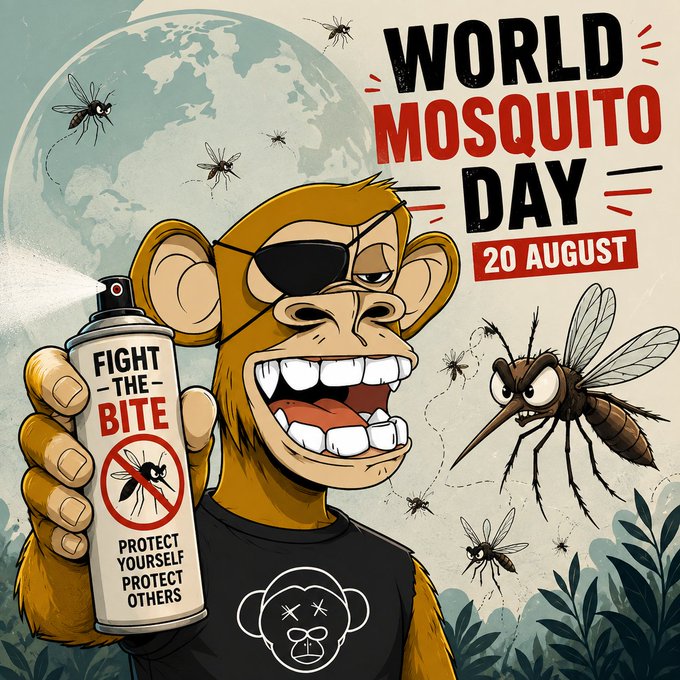 A promotional illustration for 'World Mosquito Day 20 August' featuring a cartoon monkey wearing an eye patch, holding a spray can labeled 'Fight the Bite,' with mosquitoes flying around a globe.