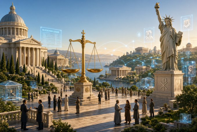 A digitally rendered futuristic scene depicting classical justice motifs — a golden scale, statues reminiscent of Lady Liberty and Greco-Roman architecture — alongside holographic blockchain interfaces labeled 'BLOCKCHAIN LEDGER'.