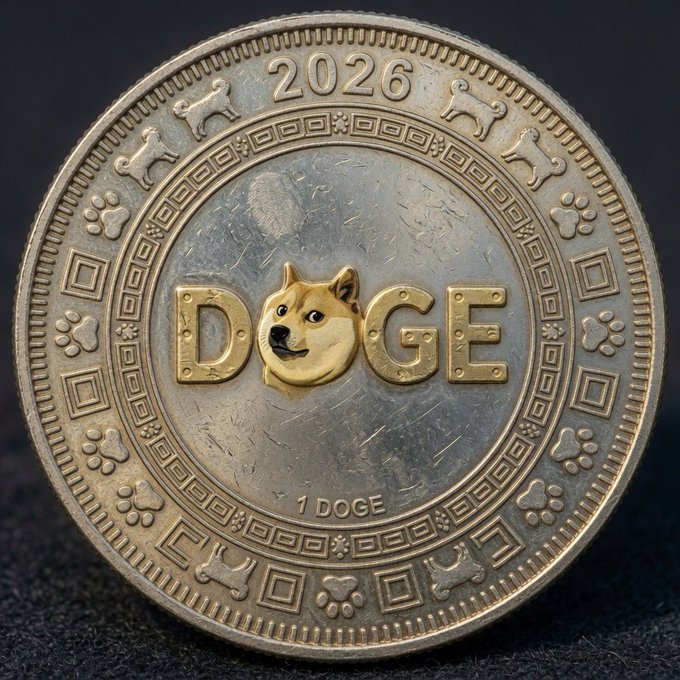 A close-up of a commemorative silver and gold-toned Dogecoin coin featuring the iconic Shiba Inu face, engraved with "2026" at the top and "1 DOGE" at the bottom, decorated with paw prints and geometric borders. The coin visually reinforces the post's optimistic outlook for $DOGE, symbolizing the cryptocurrency's expanding real-world utility through upcoming products like the House of Doge debit card and associated apps.