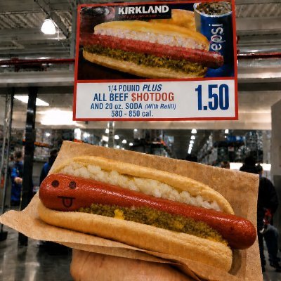 A Kirkland hot dog menu sign advertises a ¼ pound all beef hotdog with a 20 oz soda for $1.50 (580-850 calories), displayed above the actual oversized hot dog in a bun with relish—the "hot dog coin" meme likely refers to the famously value-priced Costco hot dog deal that shareholders joke about as a lasting investment.