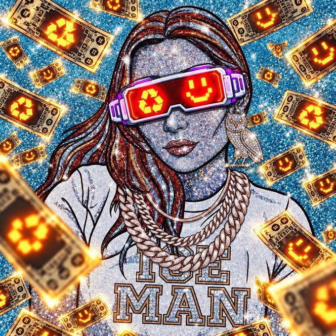 A sparkling portrait of a woman wearing LED visor glasses featuring smiley and recycling symbols, adorned with diamond owl earrings and gold chains, with "ICE MAN" text on her shirt, surrounded by floating bills displaying pixelated smiley faces. The image's crypto, "maxxing," and recurring pattern themes visually reinforce the post's call to repeatedly hold, earn, and stake $BNKR tokens.