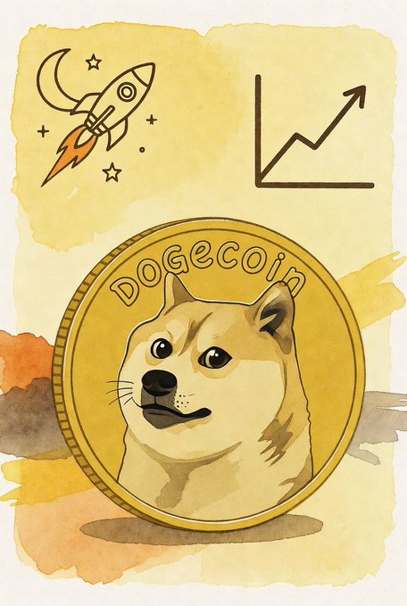 A watercolor-style illustration featuring a Dogecoin coin with the Shiba Inu dog, accompanied by a rocket ship with a crescent moon and an upward-trending line graph on a yellow background.