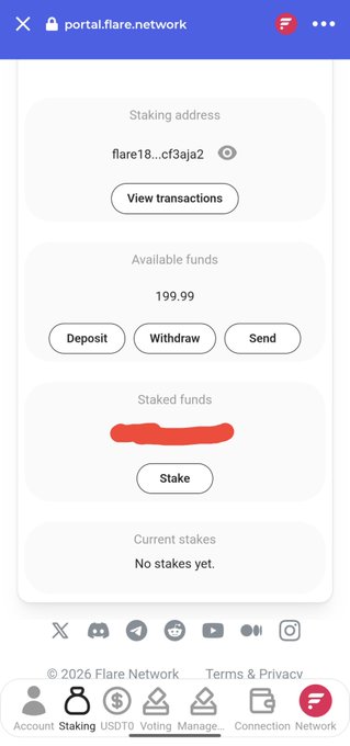 A screenshot of the portal.flare.network webpage showing a staking address, available funds of 199.99, and options to Deposit, Withdraw, Send, and Stake.