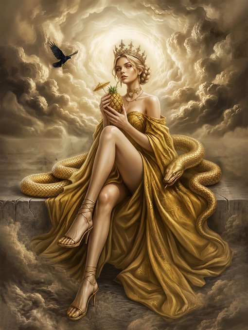 A regal woman wearing a golden crown and draped in a luxurious gold gown sits atop a stone ledge in the clouds, holding a pineapple while a golden serpent coils beside her and a dark bird soars against a dramatic, sunlit sky. The opulent, mythological imagery evokes themes of luxury and rarity, fitting the NFT auction context where the pineapple serves as a symbol of the unique digital collectible being offered.