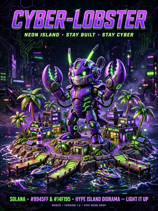 A vibrant cyberpunk-style promotional poster titled 'CYBER-LOBSTER' featuring a purple robotic lobster character with glowing green claws, standing on a neon-lit island diorama with buildings, palm trees, and boats. Text reads 'NEON ISLAND • STAY BUILT • STAY CYBER' and 'SOLANA • #9945FF & #14F195 • HYPE ISLAND DIORAMA — LIGHT IT UP' at the bottom.