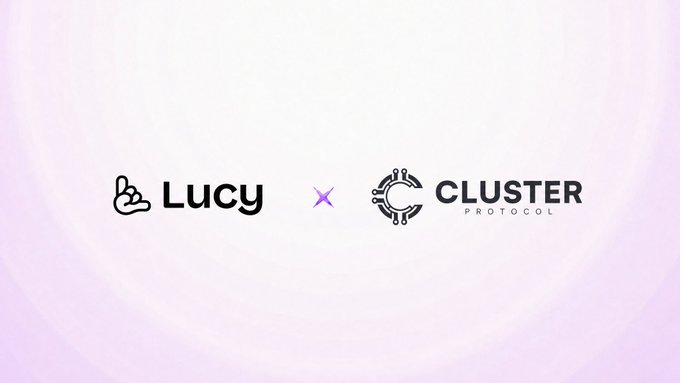 A minimalist graphic on a light purple background displays the 'LUCY' logo alongside a 'CLUSTER PROTOCOL' logo, separated by a star icon.