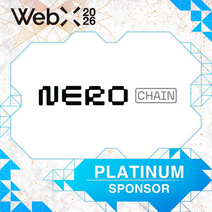WebX 2026 event graphic featuring NERO CHAIN as a Platinum Sponsor, with blue and white geometric design elements.