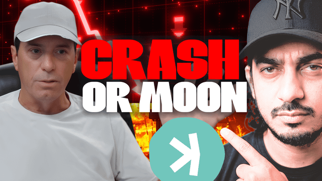 The image features two men wearing baseball caps, with one man pointing at a red circle that reads "CRASH OR MOON" above his head. The other man has a serious expression as he looks directly at the camera.