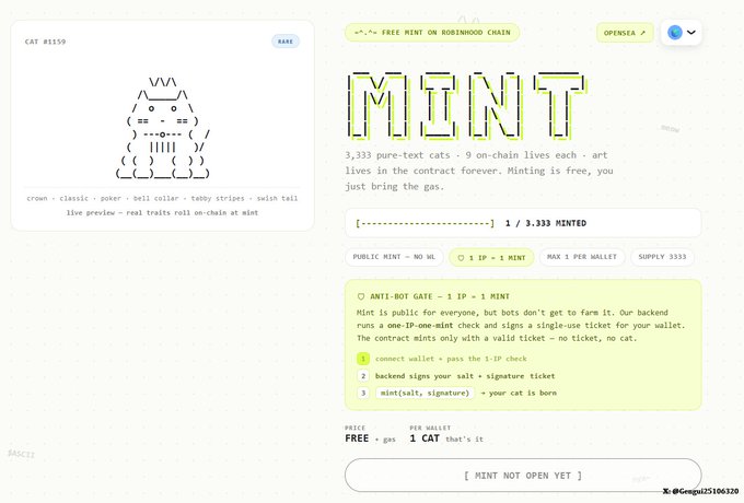 A webpage for a free NFT mint on the Robinhood Chain featuring an ASCII art cat ('CAT #1159'), with 1 out of 3,333 minted.