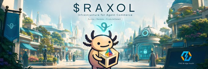 The image is a vibrant banner promoting $RAXOL, an "Infrastructure for Agent Commerce" on the Virtuals/Markets/Private Settlement network, featuring the project's mascot—an axolotl character holding a cube—set against a futuristic cityscape. The banner highlights Raxol as the first official Virtuals agent on Robinhood Chain, emphasizing its role beyond just a meme token into underlying commerce infrastructure.