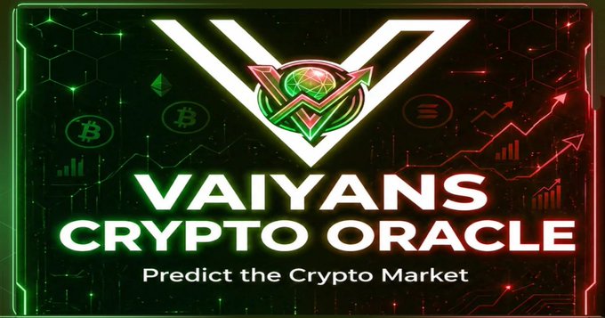 Branded graphic for 'VAIYANS CRYPTO ORACLE' with the tagline 'Predict the Crypto Market,' featuring a V-shaped emblem and Bitcoin imagery on a neon green and red background.