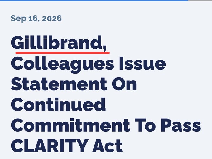 A news headline dated "Sep 16, 2026" that reads "Gillibrand, Colleagues Issue Statement On Continued Commitment To Pass CLARITY Act," with "Gillibrand," underlined in red.