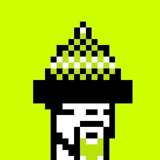A pixelated black-and-white graphic of a figure wearing a checkered hat on a bright green background.