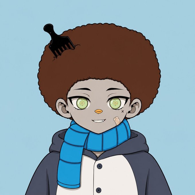 A cartoon-style digital illustration of a character with an afro, green eyes, a blue scarf, and a black comb in their hair, with a small bandage on their cheek, set against a light blue background.