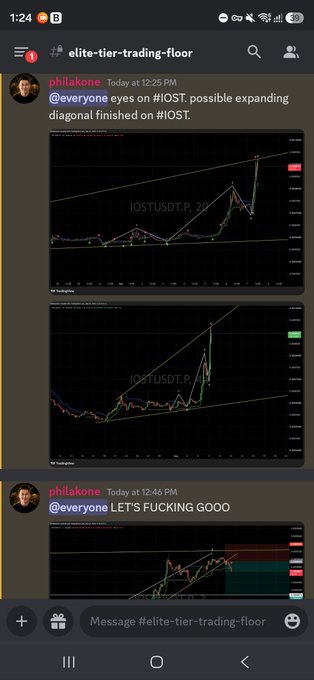 A screenshot from the "elite-tier-trading-floor" server shows a user named philakone announcing an IOST short setup, posting two chart images showing expanding diagonal patterns on the IOSTUSDT pair (top chart from TradingView) followed by an enthusiastic "LETS FUCKING GOOO" message. The charts visually confirm the short thesis referenced in the caption, with price action breaking down from the pattern just as the trade call predicted.