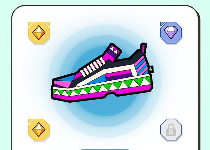 A colorful, cartoon-style illustration of a vibrant sneaker displayed centrally on a light blue background, surrounded by gemstone icons in the corners of the frame.