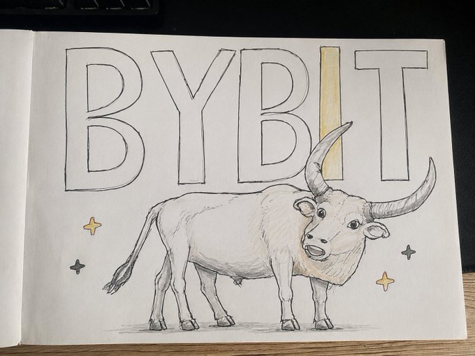 A hand‑drawn bull stands beneath the outlined “BYBIT” logo, with the “I” highlighted in yellow and small stars scattered around.