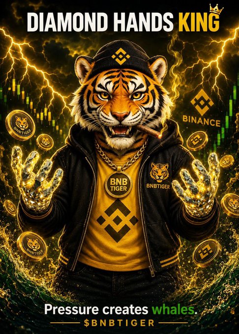 A crypto-themed promotional image titled 'DIAMOND HANDS KING' featuring a tiger-headed character in a BNB Tiger hoodie and beanie, surrounded by golden coins and lightning, with Binance branding and the tagline 'Pressure creates whales.'