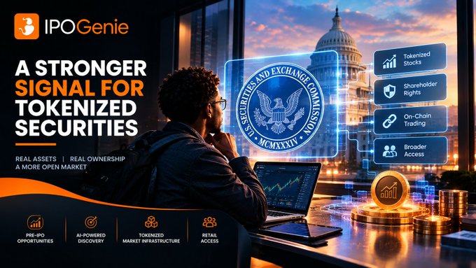 A promotional graphic for "IPOGenie" advertising tokenized securities, featuring text like "A STRONGER SIGNAL FOR TOKENIZED SECURITIES," "Tokenized Stocks," "Shareholder Rights," and "On-Chain Trading," alongside an image of a man looking at a laptop with the SEC seal and U.S. Capitol in the background.
