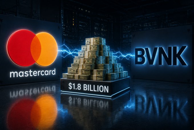 A 3D graphic showing the Mastercard logo on the left and 'BVNK' on the right with a blue lightning bolt between them, hovering over a pyramid of cash labeled '$1.8 BILLION'.