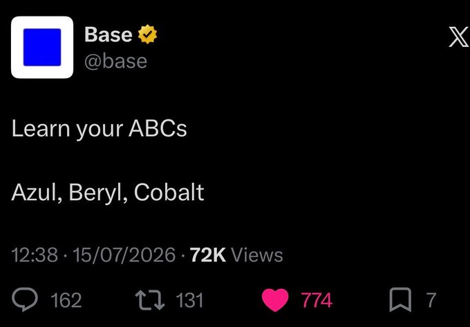 A screenshot of a tweet from the verified Base (@base) account posted on 15/07/2026 with 72K views, reading "Learn your ABCs: Azul, Beryl, Cobalt" — which the accompanying post highlights as evidence that Base secretly changed their naming convention from the original Azul, Beryl, and Cobalt stages to "Zenith" in EIP-8130 without announcement, framing it as a betrayal to the community awaiting a potential $Base airdrop.