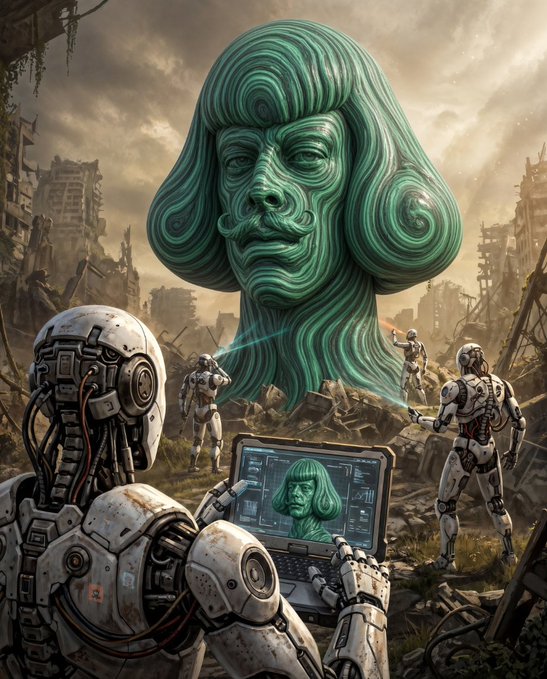 A sci-fi digital artwork features robots in a ruined landscape using a laptop to analyze or interact with a massive, green, wavy-textured head resembling a sculpted face.