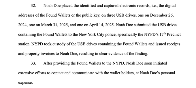 The image features a man walking into a police station with a USB drive full of dormant Bitcoin wallets. He's seeking legal help, as indicated by the caption that reads "Noah Doz sued in New York to be declared the legal owner of all of these Bitcoins: ~3.8M BTC (~$286B). He says he built". The man is represented by an image with a white background and a brown border. The surrounding text provides information about his case, stating that the NYPD found his dormant Bitcoin wallets and he sued in New York for ownership.