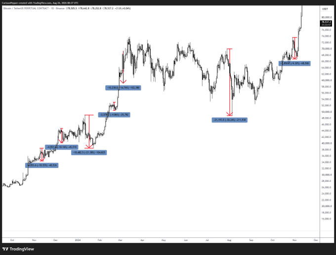 A TradingView chart of Bitcoin/USDT (BTCUSDT) on the daily timeframe shows the cryptocurrency's price rising from approximately $26,500 in October 2023 to around $76,500 by August 2025, with several notable pullbacks annotated including declines of -16.53%, -20.78%, -12.53%, -20.26%, and -4.34% marked with blue text boxes and red arrows highlighting each dip within the overall bullish trend.