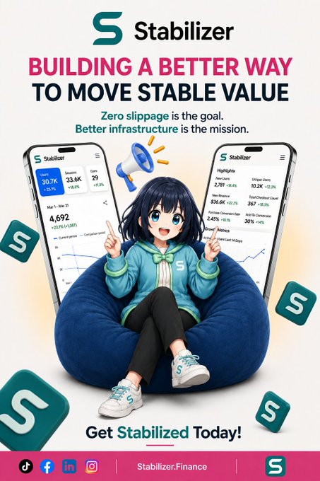 A promotional advertisement for 'Stabilizer' featuring an anime girl sitting on a blue beanbag chair holding a megaphone, with phone screens showing crypto market data and the tagline 'BUILDING A BETTER WAY TO MOVE STABLE VALUE'.