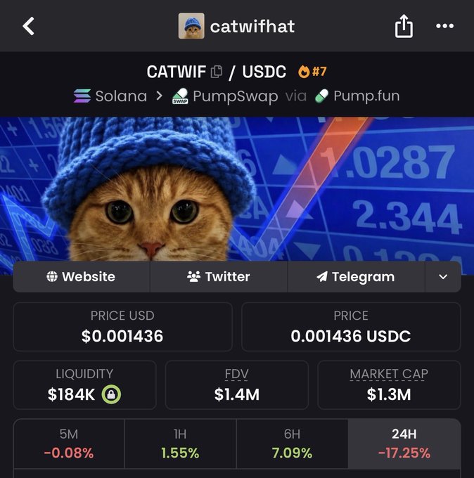 A screenshot of the CATWIF token page on DexScreener shows a price of $0.001436, a market cap of $1.3M, and a 24H drop of -17.25% despite the token having trended for two weeks—reinforcing the poster's claim that CATWIF is consolidating above a $1M market cap and presenting the recent dip as a buying opportunity for the "cat meta" token.