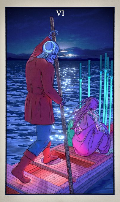 A tarot card numbered 'VI' depicting a hooded figure in a red coat and blue diving helmet holding a staff on a dock, with a seated figure beside them, under a night sky.