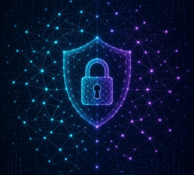 A glowing neon shield and padlock graphic made of interconnected nodes and binary code, symbolizing Beldex's (BDX) protocol-level privacy through ring signatures, stealth addresses, and RingCT technology.