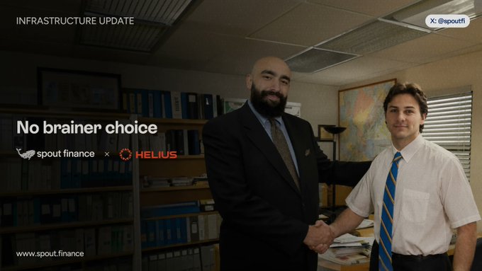 The image shows two men shaking hands, one of whom has a beard. The background features a poster or advertisement related to infrastructure updates, possibly from Helius, which is an RPC endpoint used by Solana. The text in the image reads "No brainer choice" and "Infrastructure update".