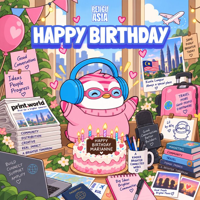 Colorful birthday illustration featuring a pink penguin character with headphones celebrating 'HAPPY BIRTHDAY MARIANNE' for Pengu Asia.