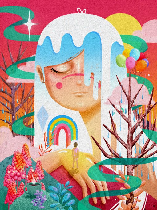 A colorful artistic illustration featuring a person with closed eyes and blue paint dripping from their head, surrounded by rainbows, balloons, flowers, and a small figure in a yellow landscape.