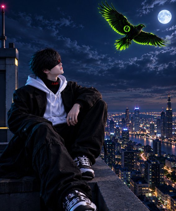 An anime-style illustration of a young man in dark clothing and a white hoodie sitting on a rooftop overlooking a city skyline at night, with a glowing green bird and full moon in the sky.