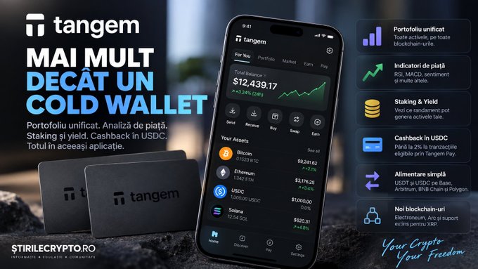 A Romanian promotional graphic for the Tangem hardware cold wallet, advertising "MAI MULT DECÂT UN COLD WALLET" (More than a cold wallet) with features like portfolio unification, Piată indicators, staking, and USDC cashback.